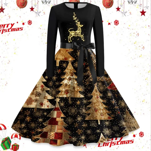Vestido de Navidad de manga larga para mujer, traje de Swing, Pinup, Vintage, estampado gótico, Rockabilly, Navidad, Año Nuevo, invierno, 2023