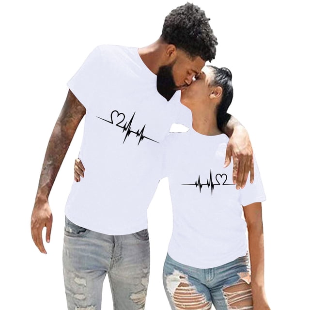 LUOGENLI Hauts pour Femmes Tendance Sortie Rouge Décontracté Couleur Unie avec Imprimé Électrocardiogramme Col Rond Manches Courtes Vêtements Blanc Taille TTG