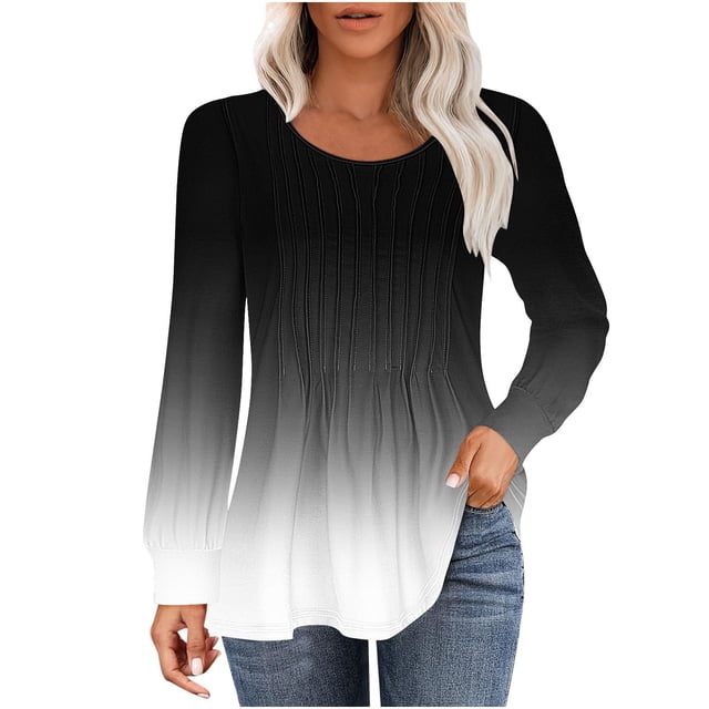 aidice Tops for Women Casual Round Neck Long Sleeve Ruched Shirts Comfy Fitting Gradient Color Tunic Tops