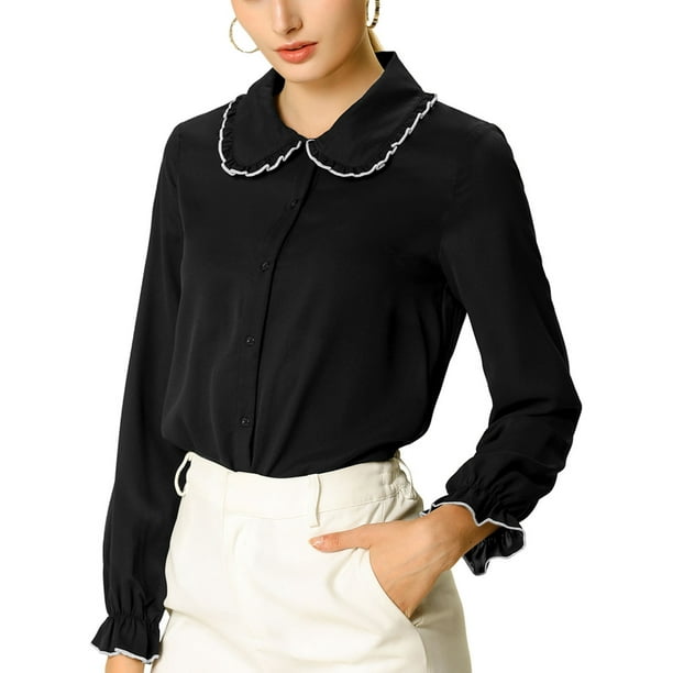 Camisas de trabajo con cuello Peter Pan y volantes para mujeres Inspire Chic, botón hacia arriba, talla XL, color negro