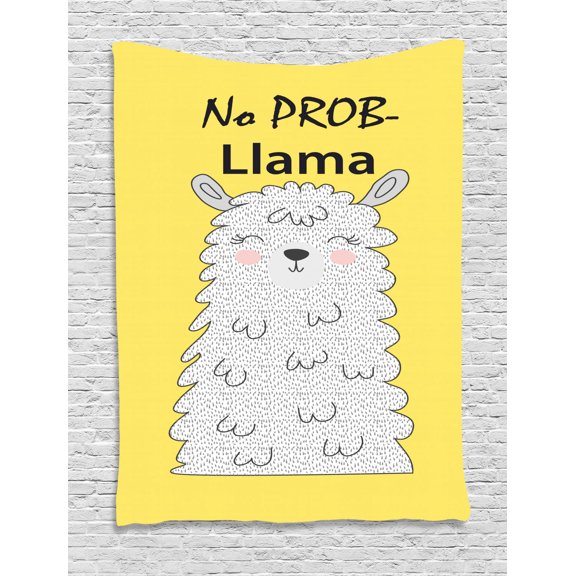 Smile Tapestry, No Prob-llama Humorous Wording and a Fluffy Llama Portrait, Wall Hanging for Bedroom Living Room Dorm Decor, 60W X 80L Inches, Charcoal Grey Mustard Rose Pale Grey, by Ambesonne