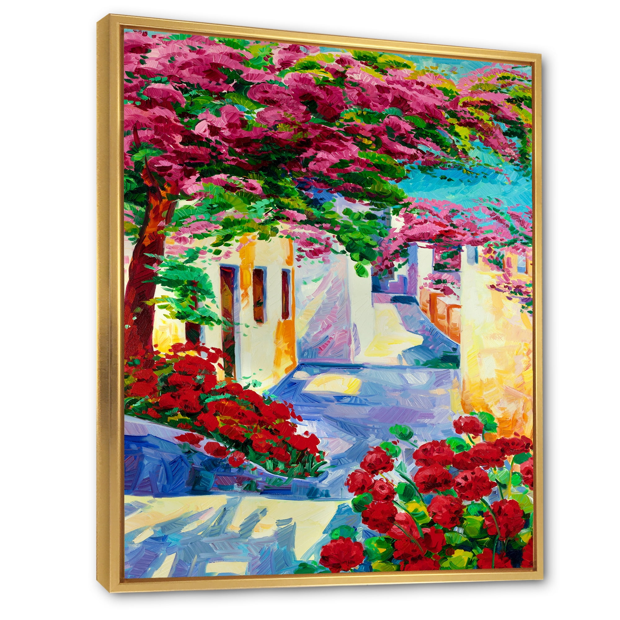 Designart 'Colorful Traditional Santorini Houses Among Flowers' Nautical & Coastal Framed Canvas Wall Art Print