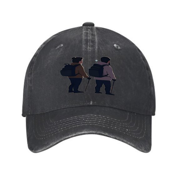 Vintage Cotton Washed Distressed Baseball Cap - Dark Gray with Graphic of Two Hikers with Backpacks & Walking Sticks - Perfect Golf Dad Hat for Men & Women