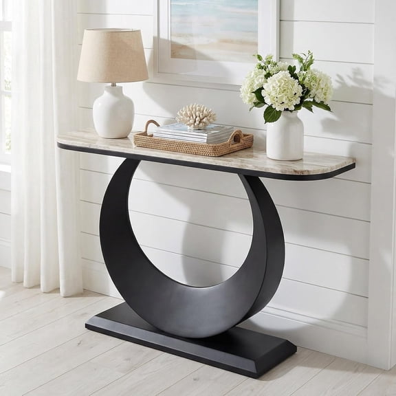 Modern Faux Marble Console Table Luxury Entryway Table with Sculptural Metal Base, Narrow Sofa Table Behind Couch for Living Room, Hallway, Foyer