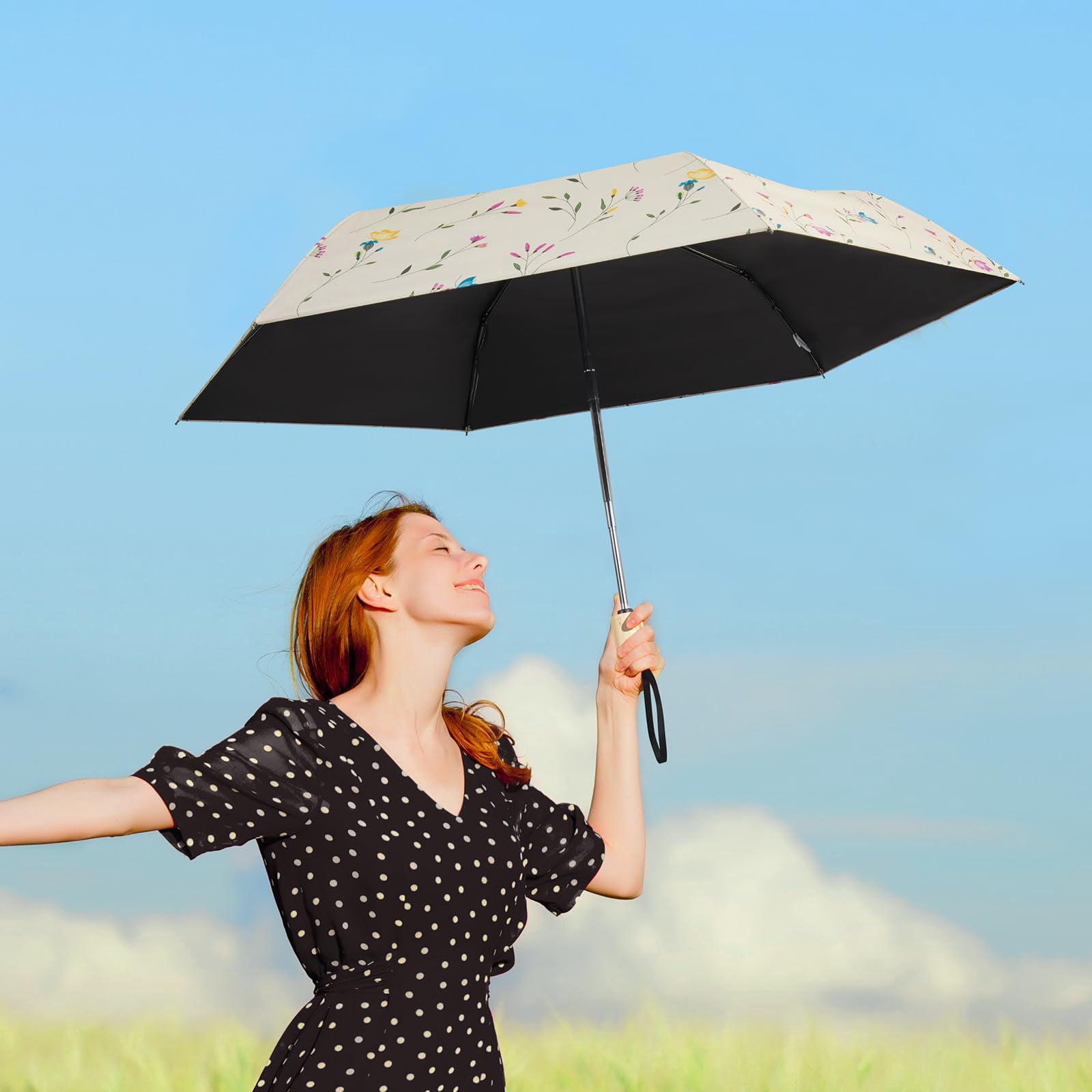 G4Free UPF 50+ UV Protection Travel Umbrella with Wooden Handle, 42 Inch Lightweight Sun Rain Folding Umbrellas Auto Open Close