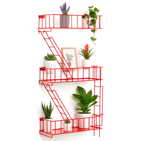KOTIJOKI Fire Escape Wall Shelf – New York Decorative Floating Shelf – Wall Art Ladder Shelf – Red Metal Trinket Shelves for Bedroom, Home, Office, Storage and Display (3-Tier)