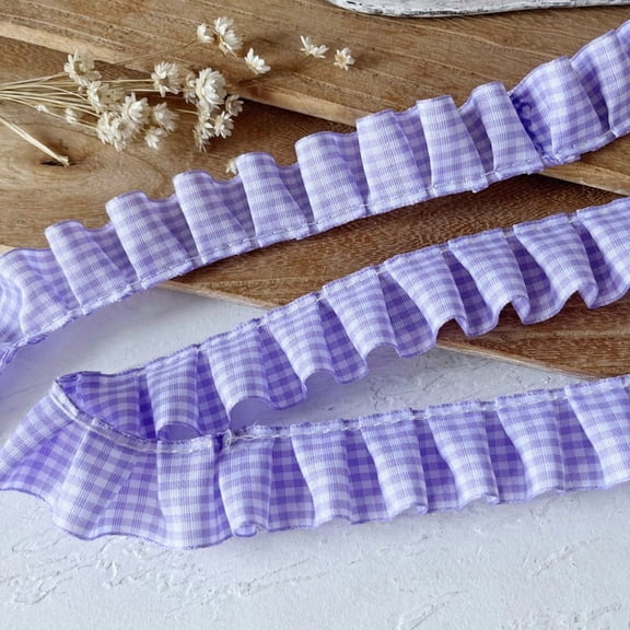 NAMZI Gingham Ruffle Pleated Trim 1" x5Meter Gathered Gingham Ribbon Fabric Edge Trimming for Home Decor Merch, Purple