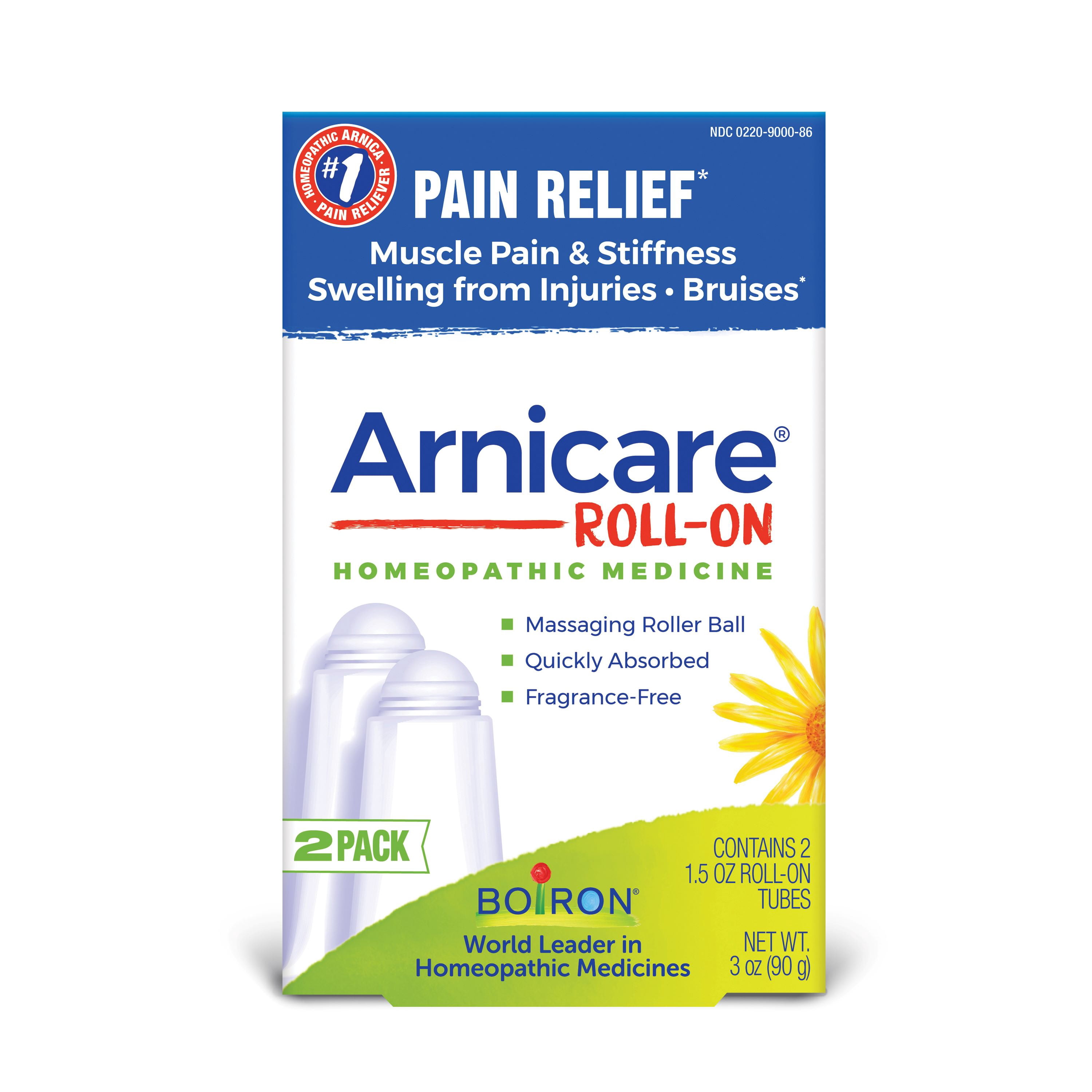 (2 pack) Boiron Arnicare Roll-On, Homeopathic Medicine for Pain Relief, Muscle Pain & Stiffness, Swelling from Injuries, Bruises, 2 x 1.5 oz Twin Pack