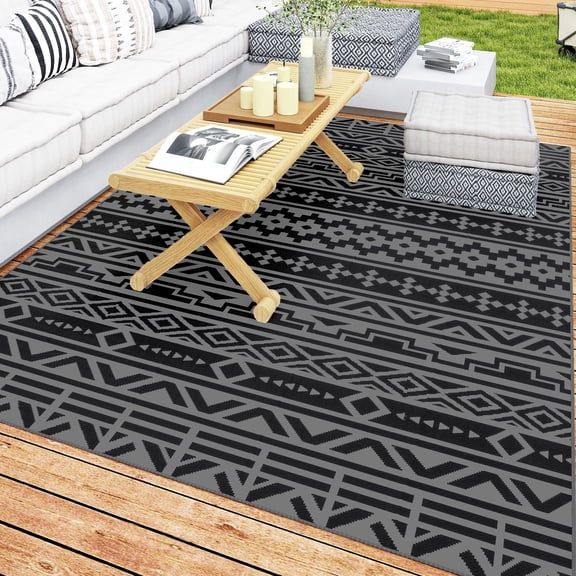 Outdoor Rug, Reversible Black and Gray Geometric Waterproof Polypropylene Area Rug, 6' x 9' for Patio, Camping, and RV Use