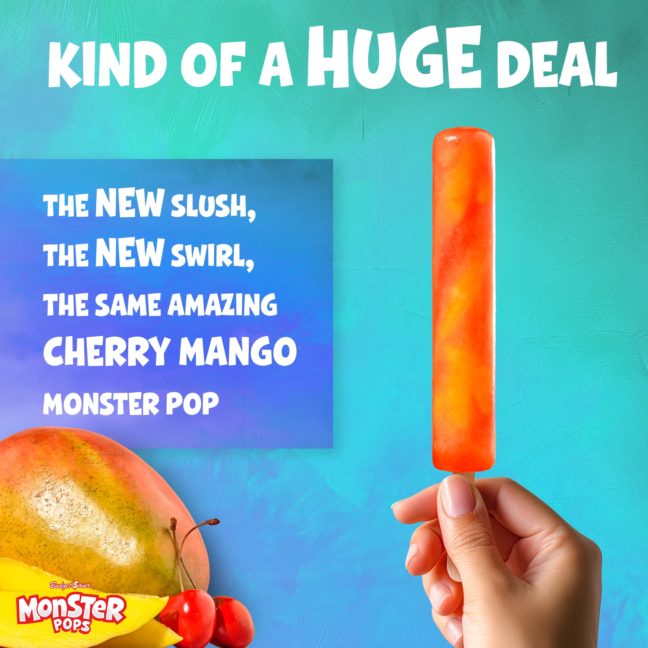 Budget Saver Monster Pops, Cherry Mango, 12 Count, Frozen Popsicles with Natural Colors