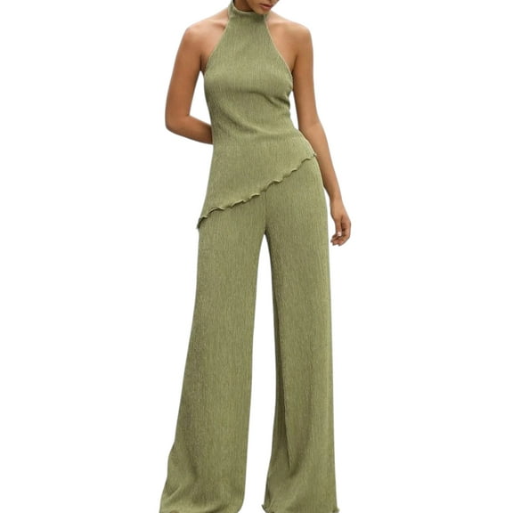 Women’s Olive Green Ruffle Crop Top & Wide-Leg Pants Set – Backless Boho Summer Beach 2-Piece Outfit