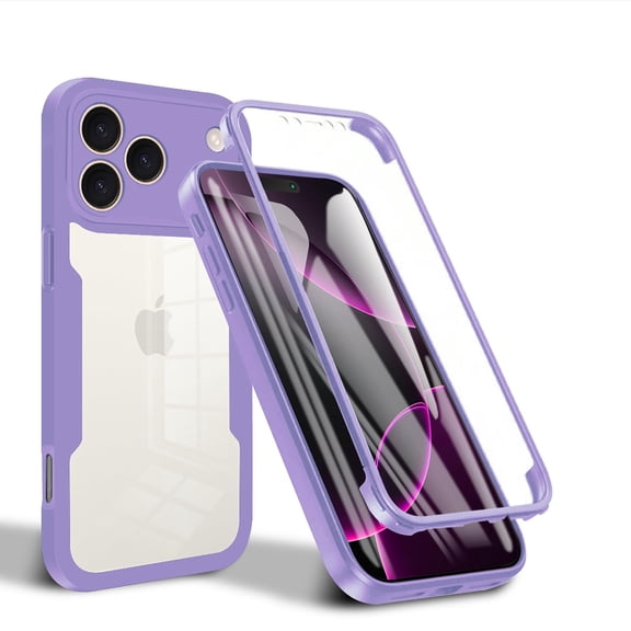 Clear Phone Case for iPhone 17 Pro Max with Built-in Screen Protector, Dual-Layers Rugged Clear Acrylic Back TPU Bumper Full Body Shockproof Protective Cover for iPhone 17 Pro Max, Purple