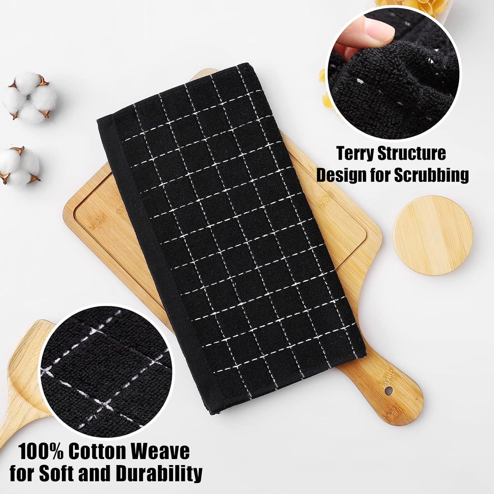 Cotton Terry Kitchen Towels(12*12inches), Checkered Designed, Soft and Super Absorbent Dish Towels, 4 Pack - Black