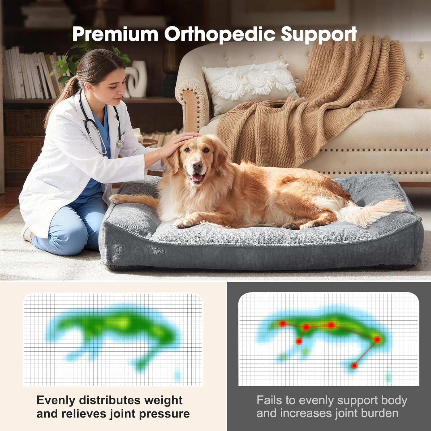 Orthopedic Dog Beds Large Sized Dog, Extra Thick Supportive Comfort Pet Sofa, Ergonomic Slant Dog Couch with Removable Washable Cover, Ultra Soft Surface & Non-Slip Bottom, Light Grey, 38"