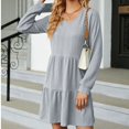 thumbnail image 6 of IROINNID Long Sleeve Dress for Women Mid-Length Fit&Flare Dress New Color V-Neck Splicing Long Sleeve Loose Dress A-Line Skirt,Gray, 6 of 6