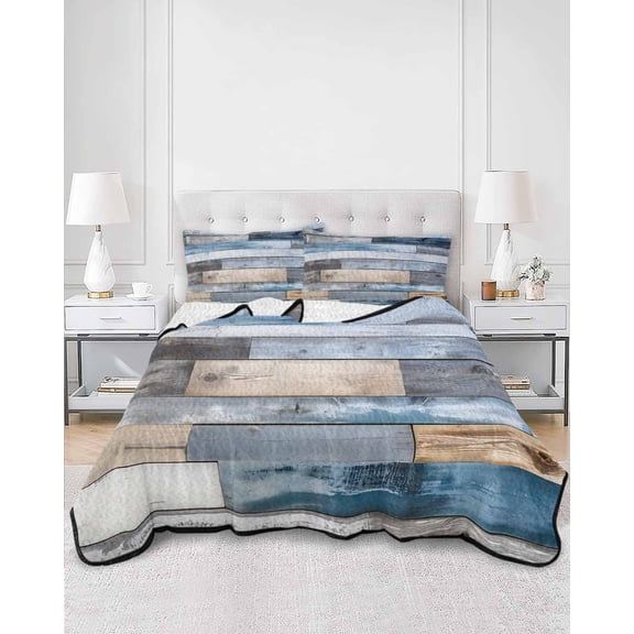 Quilts King Size, Blue Wooden Grain Soft Comforter Bedding Set for Bed, Farmhouse Country Abstract Art Lightweight Quilted Bedspread with Pillow Cover(2 Pieces) for All Season, 96x106 Inch
