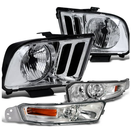 Ford Mustang Clear Headlight (Spec-D Tuning 2005-2009 Ford Mustang Gt Chrome Crystal Headlights + Clear Signal Bumper Light (Left + Right) 2005 2006 2007 2008)
