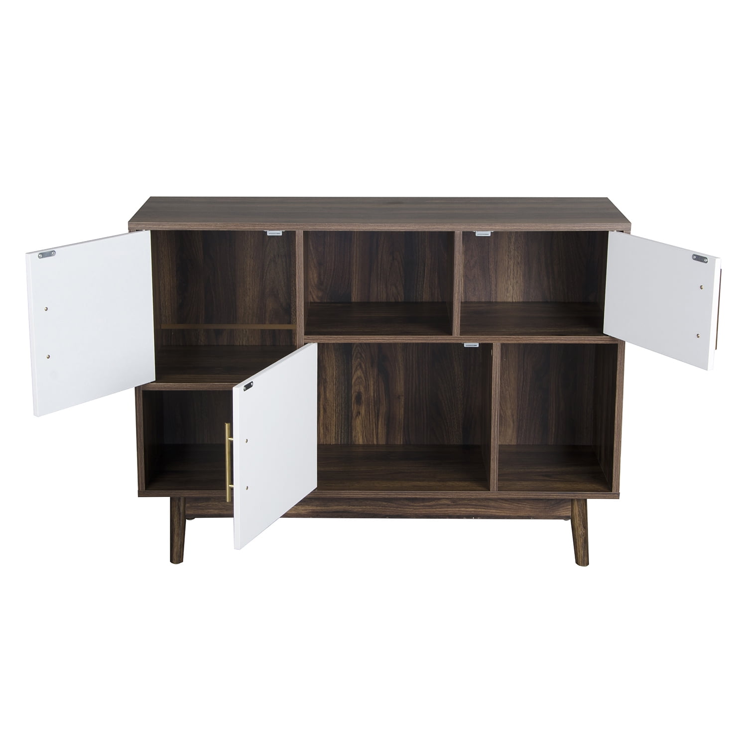Private Jungle TV Cabinet Storage Organizer, 3 Cubes Wooden Storage Cabinet with 3 Doors, Floor Standing Accent Cabinet with Legs,Walnut+White