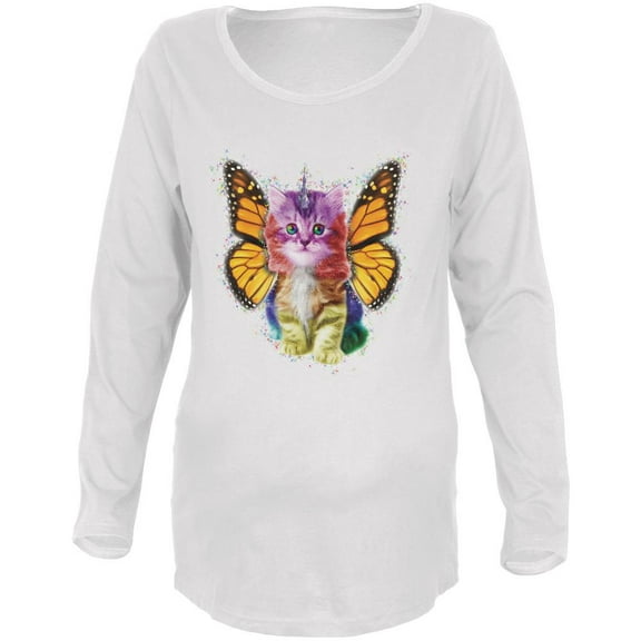 Rainbow Butterfly Unicorn Kitten Maternity Soft Long Sleeve T Shirt White SM