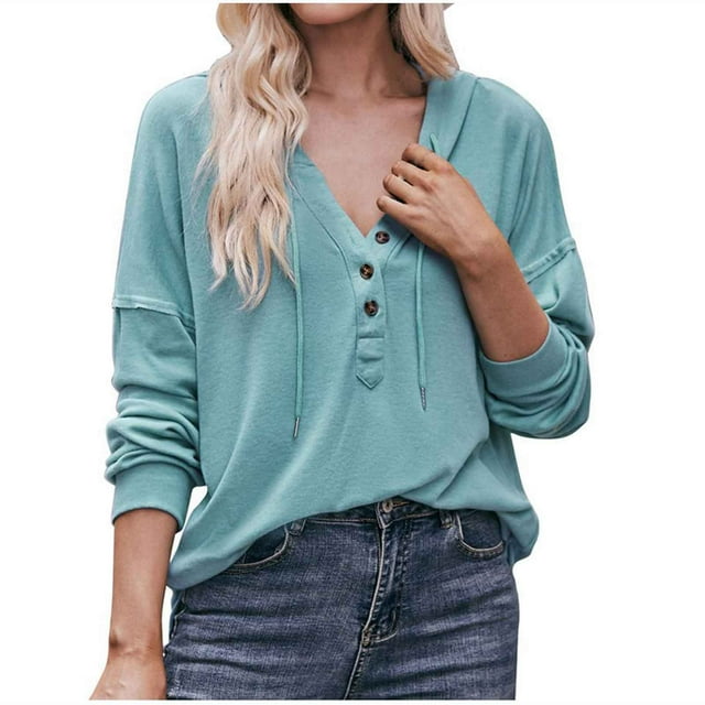 Pompotops Mode Femme Chandail à Capuchon à Manches Longues avec Boutons et Col en V en Solde