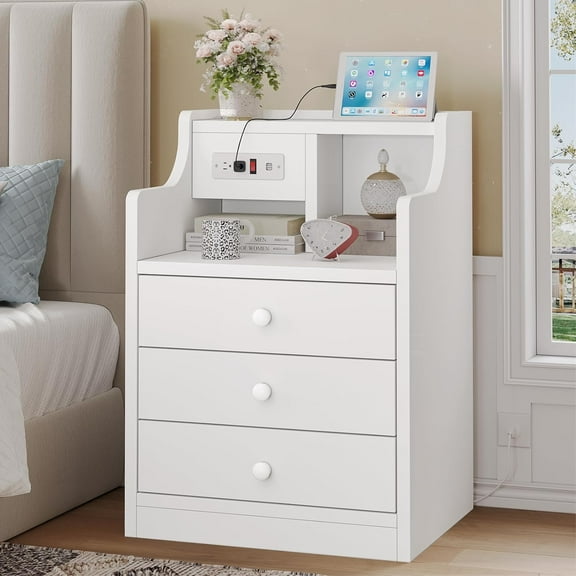 RONG-3 Nightstand with Charging Station, Night Stand with 3 Storage Drawers, Bedside Table with Hutch, Modern End Side Table for Bedroom,White