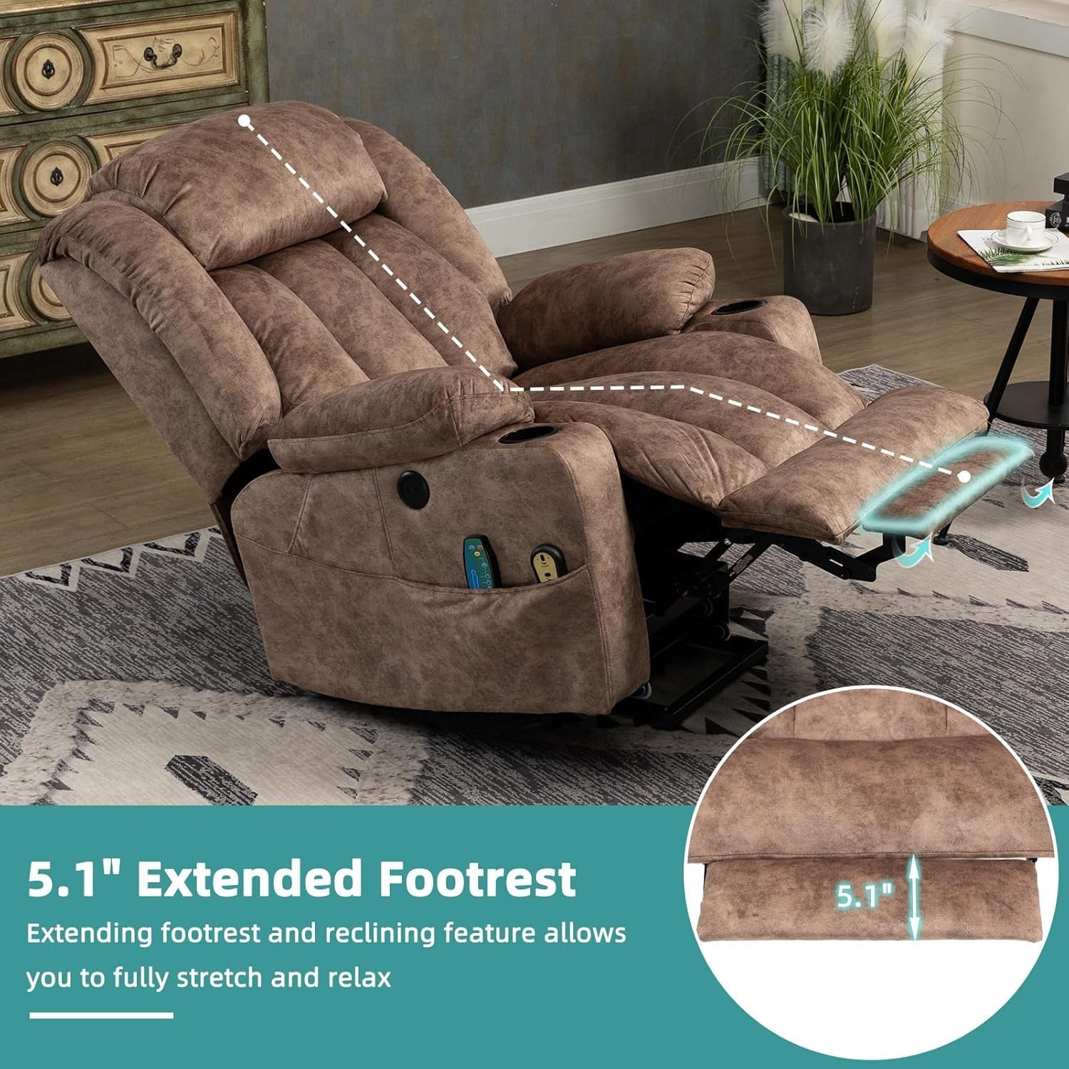 MEETWARM Large Power Lift Electric Recliner Chair with Extended Footrest for Big Tall Man, Overstuffed Wide Recliner with Heat and Massage, 2 Remote Controls/4 Side Pockets/USB Ports(Plush-Brown)