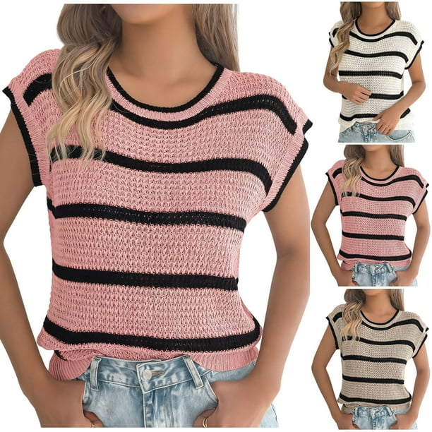 RKSTN Women's Summer T Shirts Oversized Crewneck Stripe Printed Short Sleeve Shirts Pullover Top Womens Casual Plus Size Round Neck Loose Fits Comfortable Summer Tee Shirts