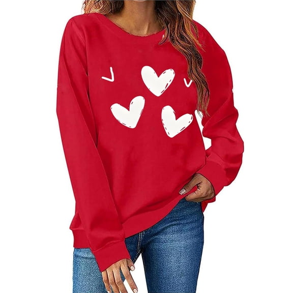 Qepwscx Womens Shirts Long Sleeve Red Valentine'S Day Crewneck Sweatshirt Love Heart Printed Ladies Blouses Tops For Women Trendy Pullover Sweatshirt Graphic Tops & T-Shirtsholiday Party Tees Tops