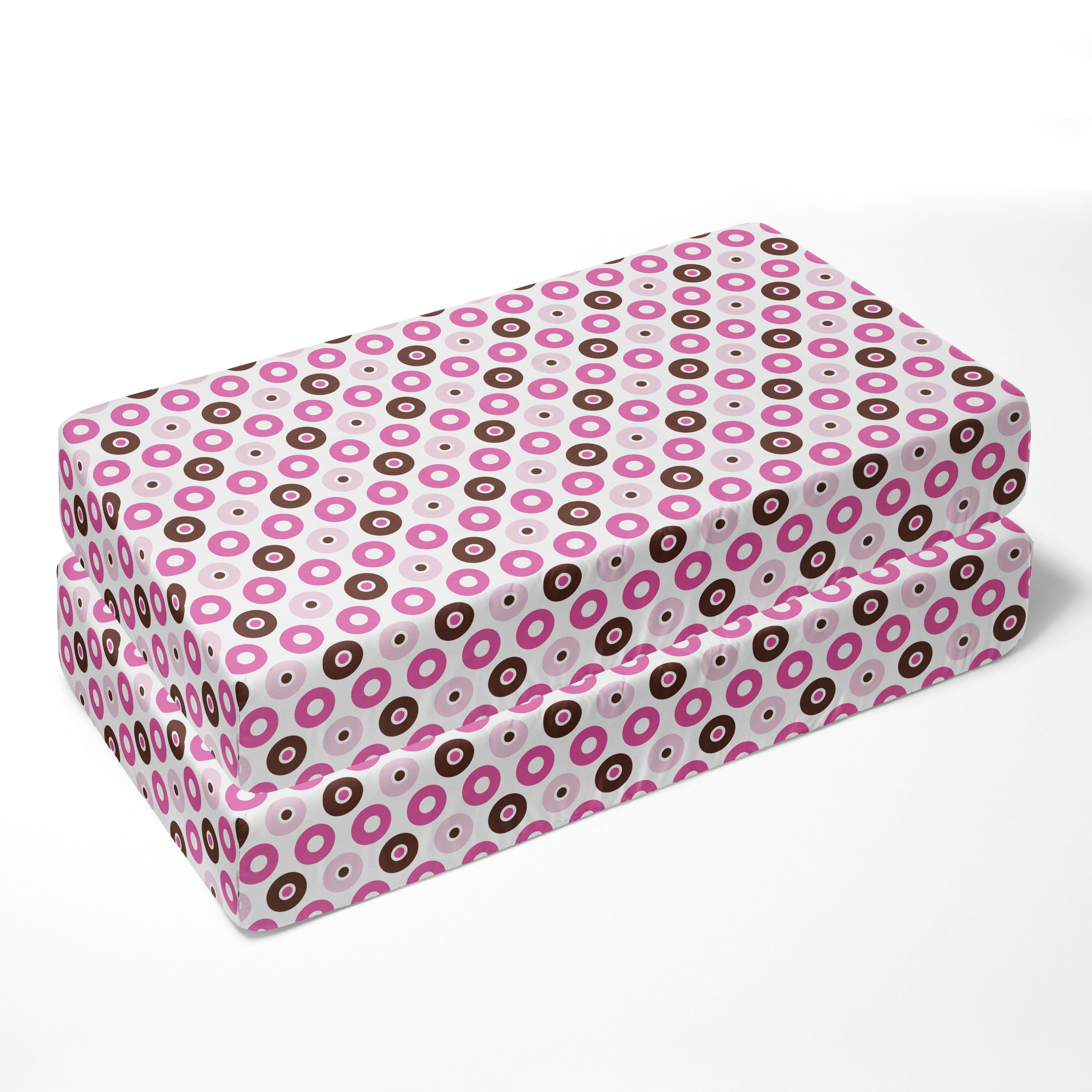 Bacati - Crib or Toddler Bed Fitted Sheet 100% Cotton Percale, Mod Dots/Stripes, Pink/Fuchsia/Beige/Brown