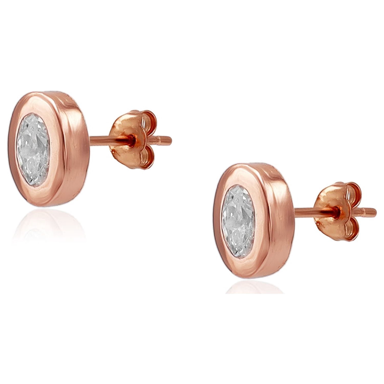 Rose Gold Flash Sterling Silver CZ Bezel-Set Oval Stud Earrings