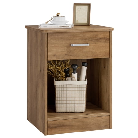 Homfa 2 Tier Nightstand with Drawer  End Table Sofa Side Table for Bedroom Living Room  Wooden Grain