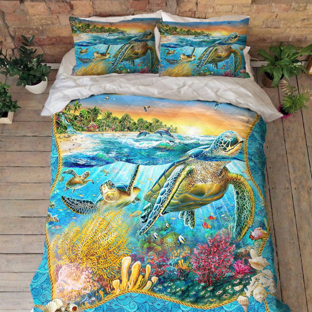 Flagwix 3 Pieces Queen Size Quilt Sets, Turtle Bedding Beach Turtles ...