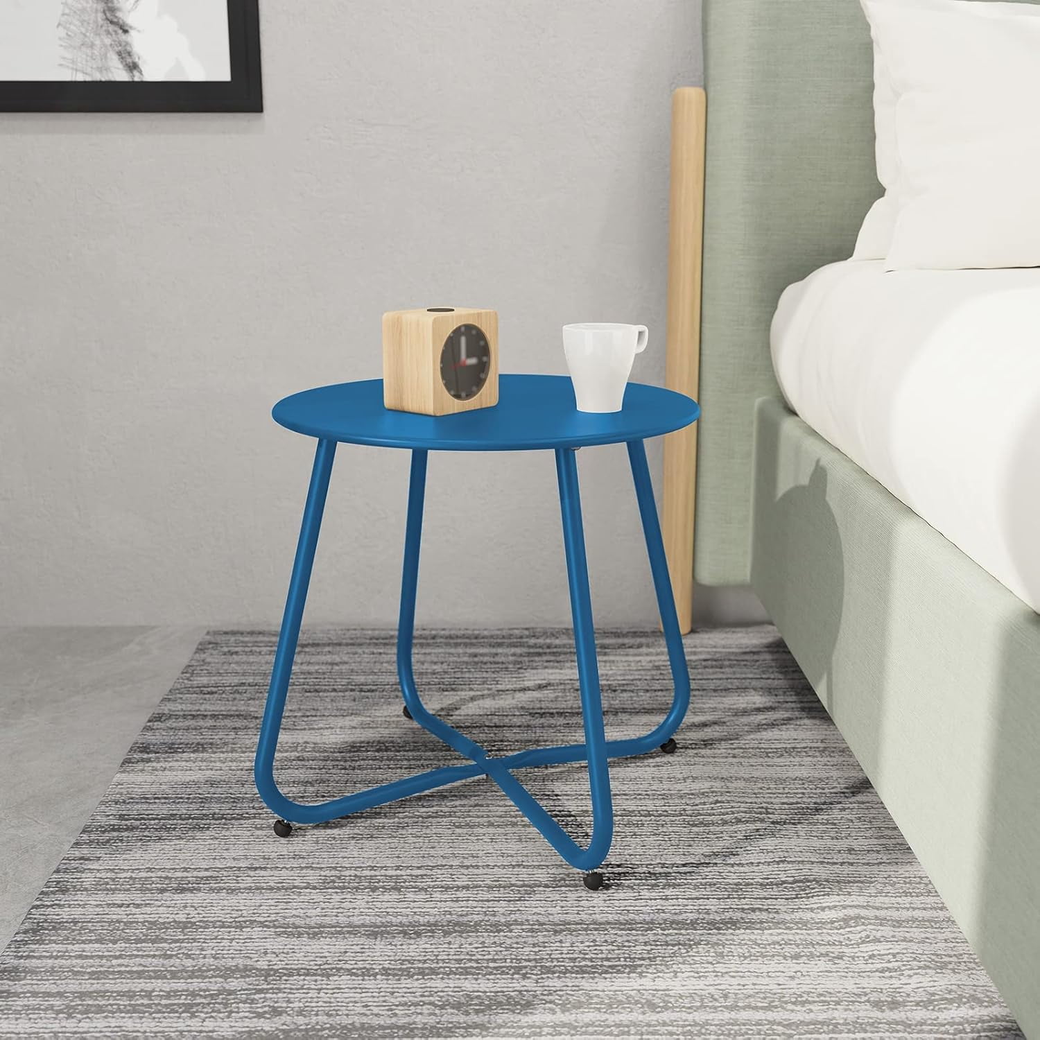 ACCVER Outdoor Side Table, 18-inch Small Round Side Snack Table with Adjustable Feet, Anti-Rust Metal End Accent Table for Patio Porch Balcony, Blue