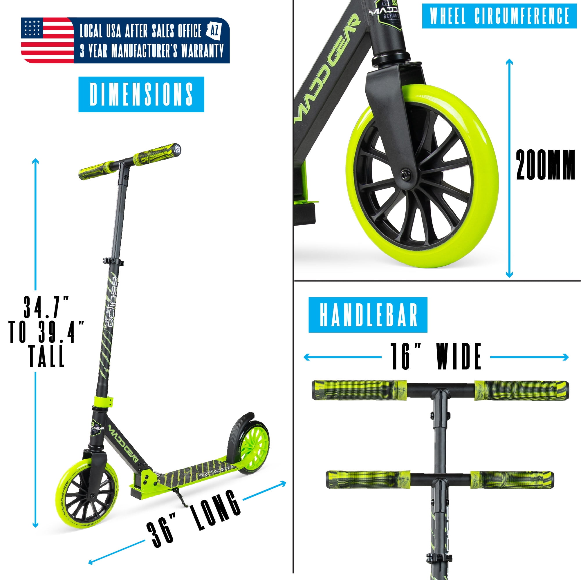 Madd Gear Eclipse Commuter 200mm Wheels Scooter - Great for Kids and Adults, Green