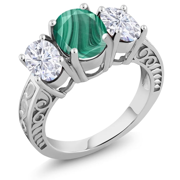 Gem Stone King 925 Sterling Silver 3-Stone Ring Oval Green Malachite and Moissanite (4.30 Cttw, Size 7)