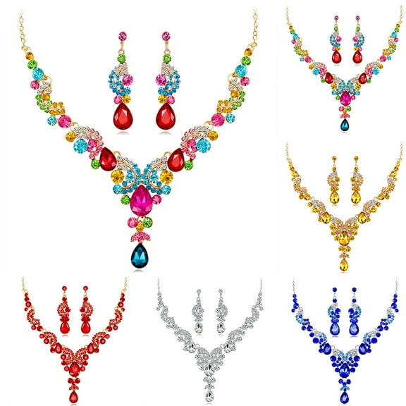 SmartBy Women Jewelry Set Elegant Rhinestone Teardrop Pendant Wedding Necklace Earrings