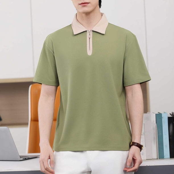 pstuiky camisetas camisas para hombre, Camisa de manga corta con cuello vuelto y cremallera informal de color liso para hombre ropa de hombre l
