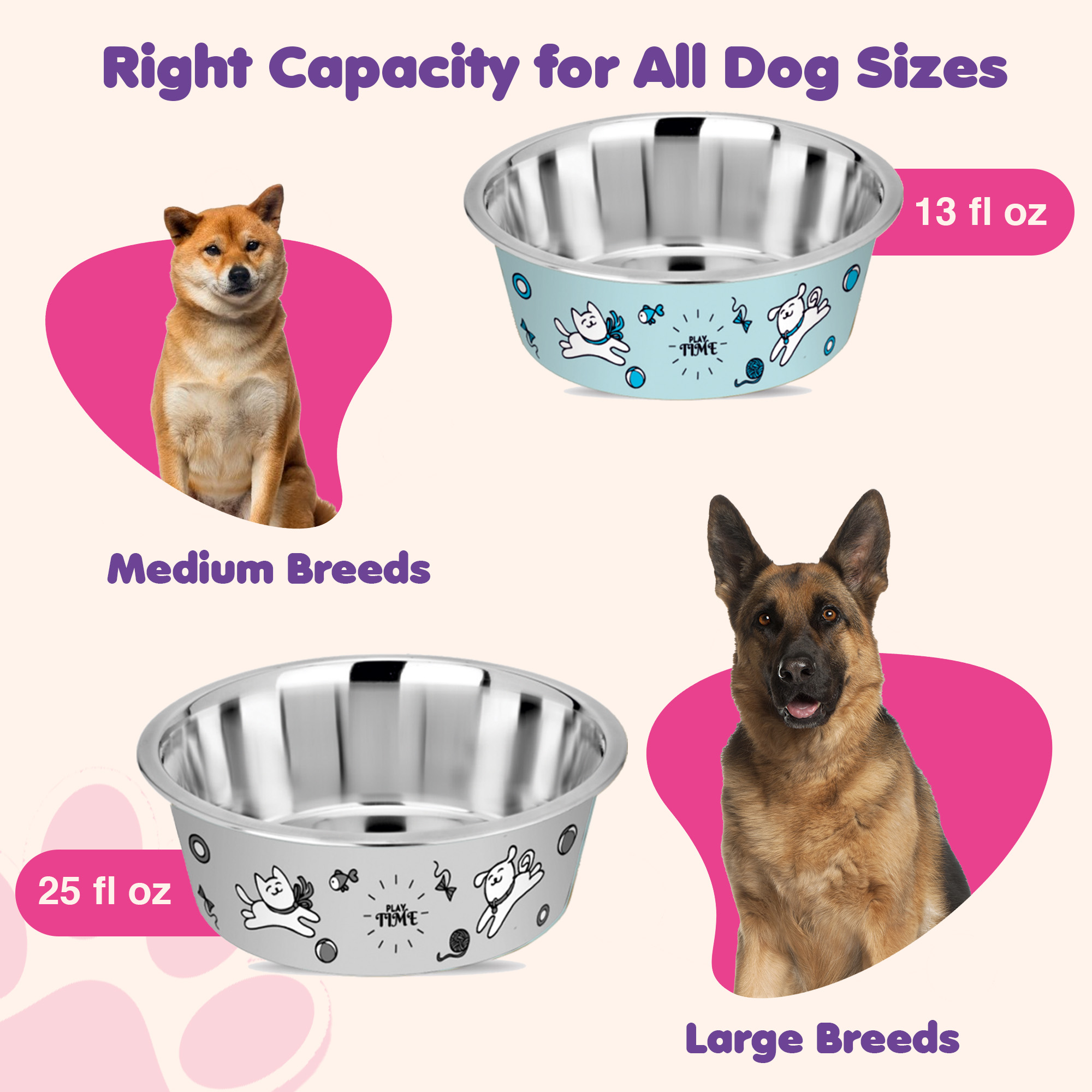 Happinesque 1Pc Stainless Steel Dog & Cat Bowl, Anti Skid, 1.5 Cups (Pale Turquoise Playtime Print)