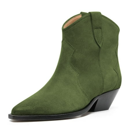 FSJ Women Western Cowboy Cowgirl Stacked Low Heel Short Boots Faux Suede Pointed Close Toe Pull On Retro Ankle Booties Formal Outfit Shoes Size 6 Green
