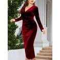 thumbnail image 6 of Womens Plus Size Long Sleeve Velvet Bodycon Dresses Elegant Ruched Wrap Deep V Neck Party Cocktail Dress Red XL, 6 of 9