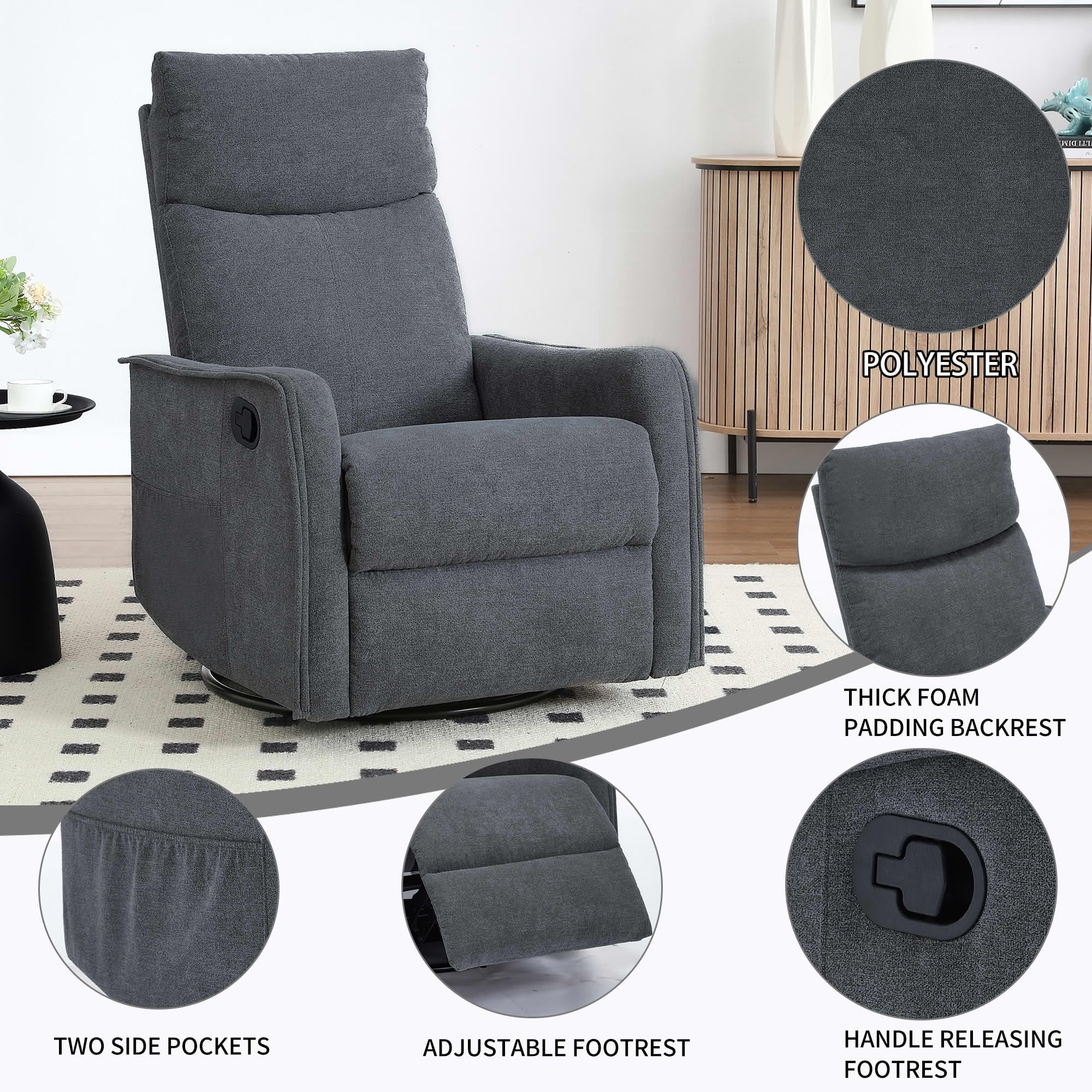 MAYEERTY Dark Grey Heat Massage Recliner Chair, 360° Swivel Rocker 27"x36"x40" for Living Room