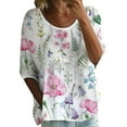 thumbnail image 2 of Red Womens Tops Women Cotton Linen 3/4 Sleeve Floral Leaf Print Dressy Blouse Tops Spring Summer Oversized Loose Flowy Shirt 2025 Shirts for Women, 2 of 3