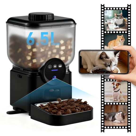 Eurhowing Smart WiFi Pet Feeder with 1080P HD Camera, 6.5L Automatic Cat Feeder Dog Food Dispenser with Night Vision & 2-Way Audio, App Control, Timer, Dual Power, Black