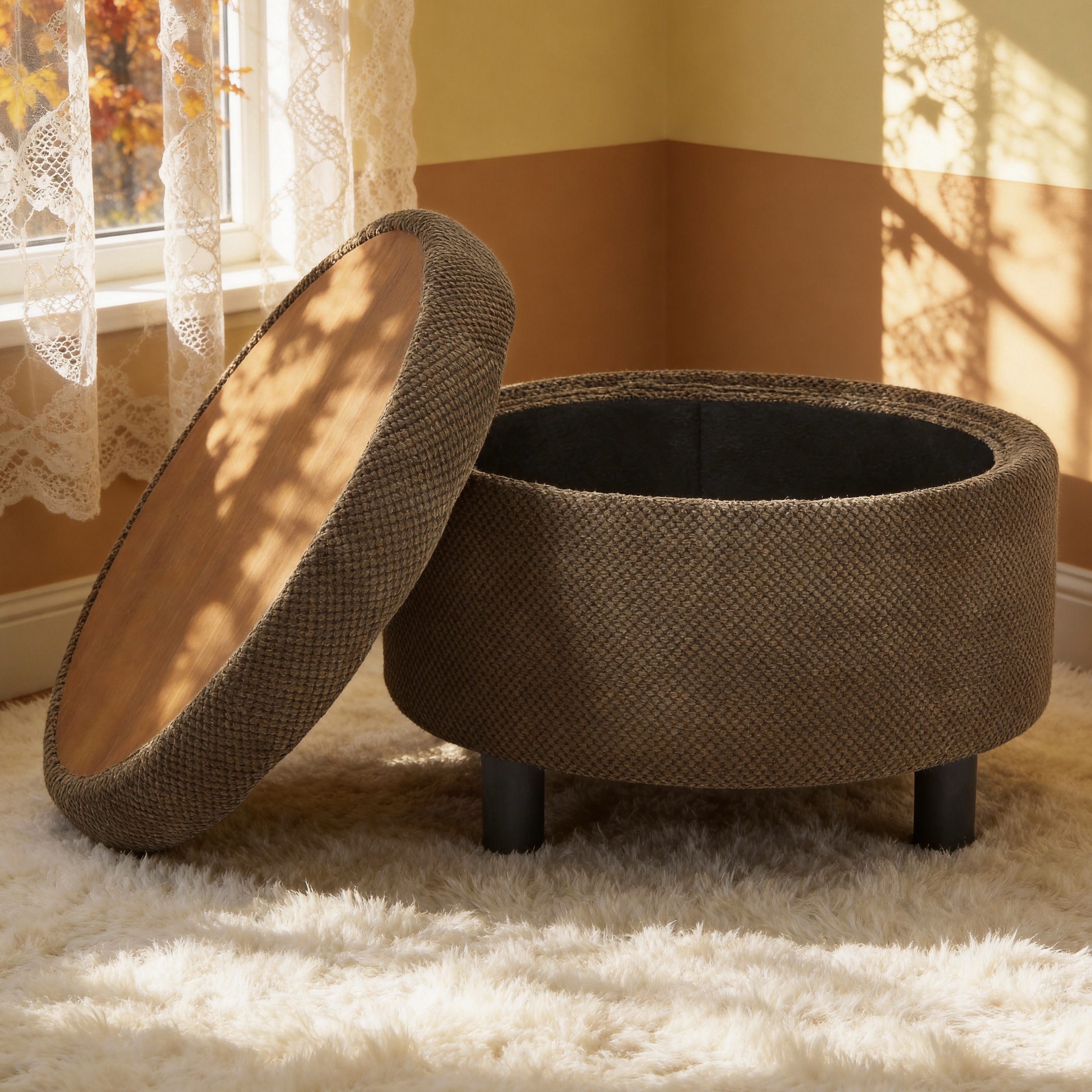 Noble House 25" Round Storage Ottoman with Removable Tray Top, Upholstered Coffee Table, Coffee Finish