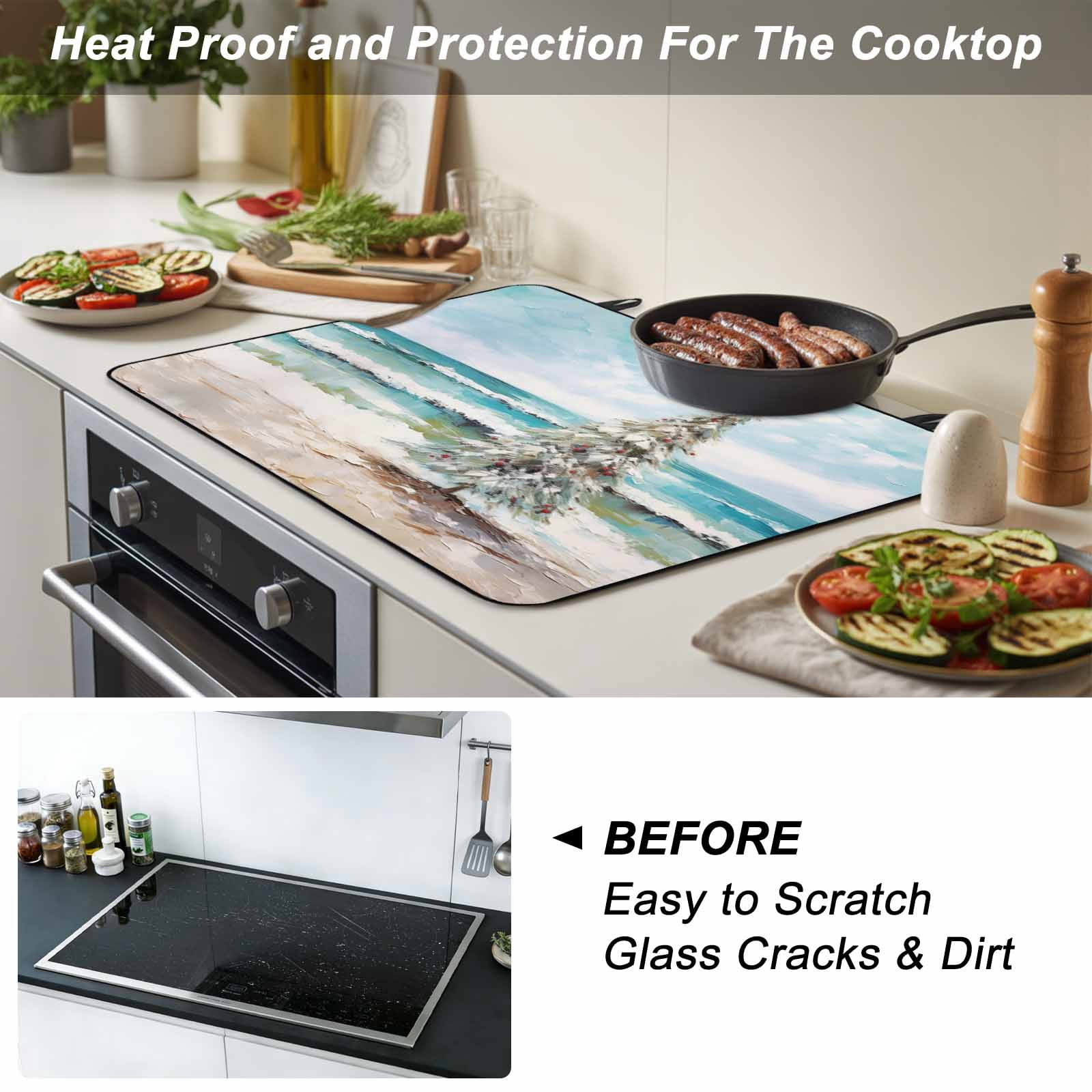 Coastal Christmas Tree Stove Top Cover for Electric Stove, Heat-proof & Non Slip Glass Top Stove Cover Protector, Modern Oil Painting Beach Xmas Tree Kitchen Flat Cooktop Rubber Mat 24x21 Inches