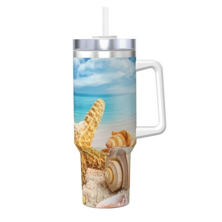 

Starfish And Seashells On Beach 40oz Car Insulated Cups Ice Bully Cup with Handle Double Stainless Steel Vacuum Tumblers Water Bottle with Lid and Straw