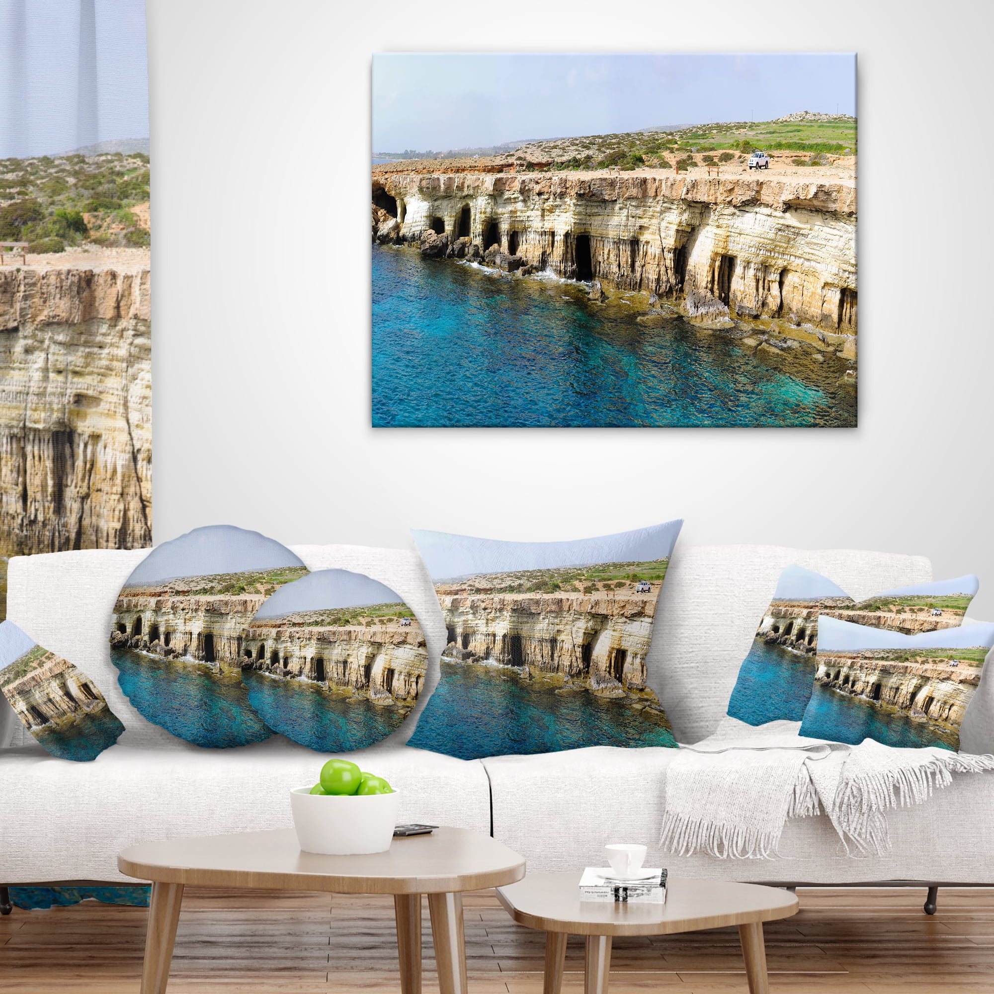 Designart Sea Caves near Cape Greko Panorama - Modern Seascape Throw Pillow - 12x20