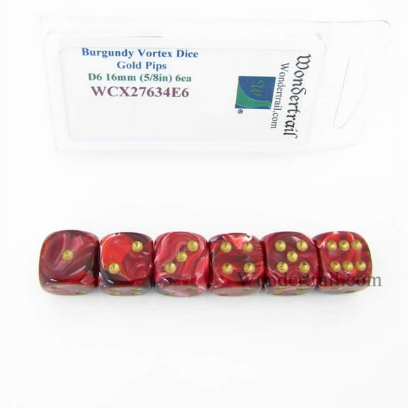 Burgundy Vortex Dice with Gold Pips 16mm (5/8in) D6 Set of 6 Wondertrail