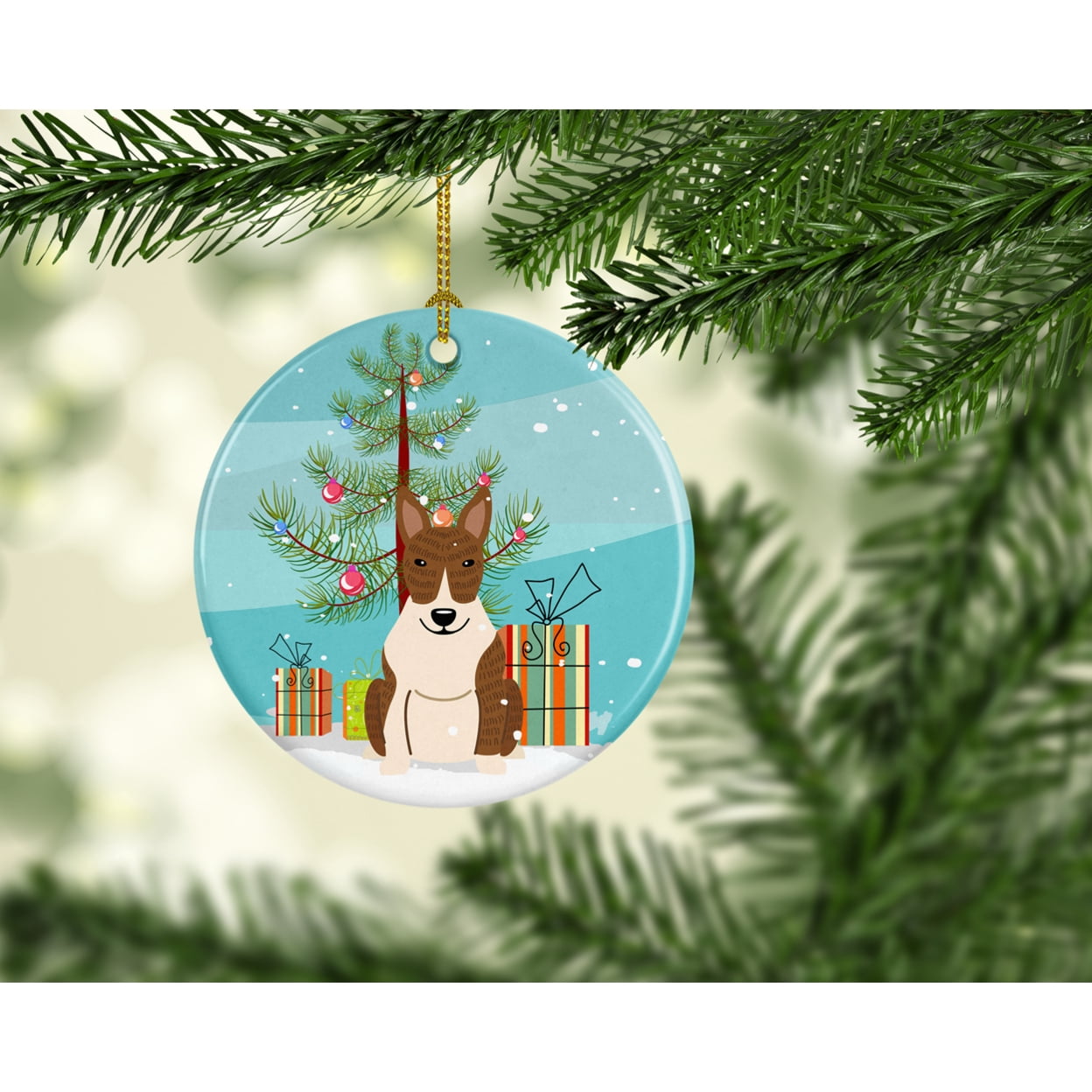 Carolines Treasures BB4262CO1 Merry Christmas Tree Bull Terrier Brindle Ceramic Ornament 3 in multicolor