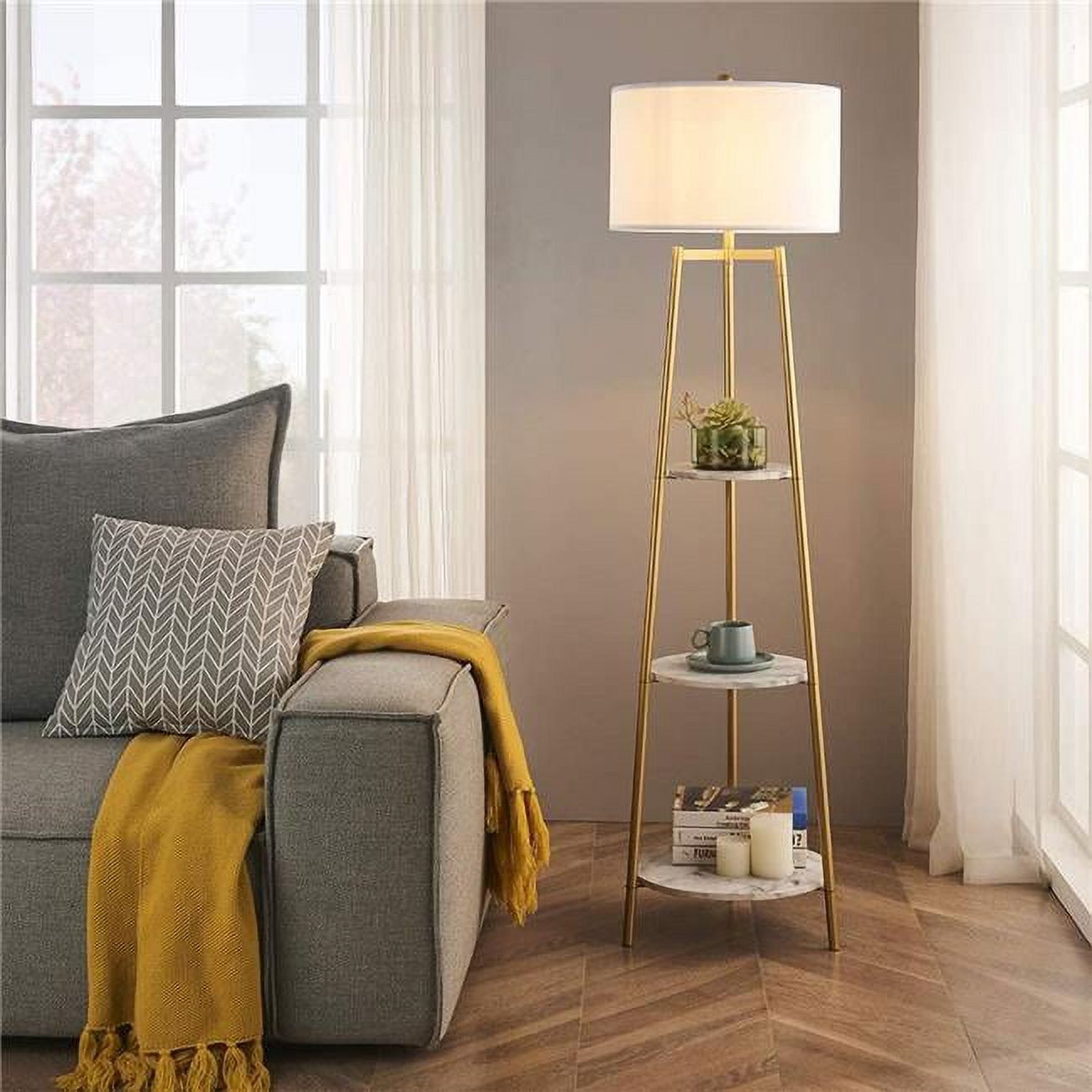 Rosen Garden LT7031 Floor Lamp with Round Shelves - Gold